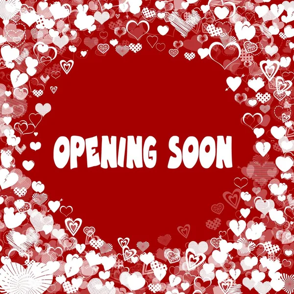 Hearts frame with OPENING SOON text on red background.