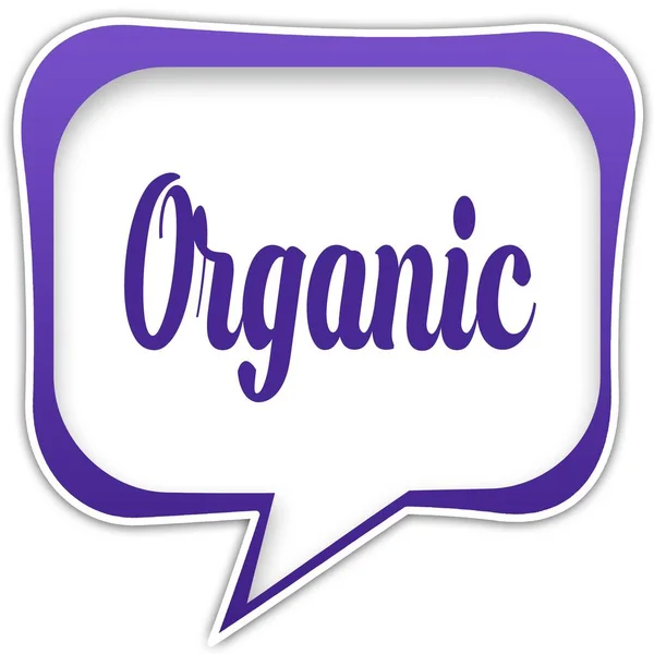 Фіолетова квадратна мовна бульбашка з текстовим повідомленням ORGANIC — стокове фото