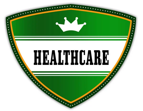 Opieki zdrowotnej, napisany na zielonej tarczy z korony. — Zdjęcie stockowe