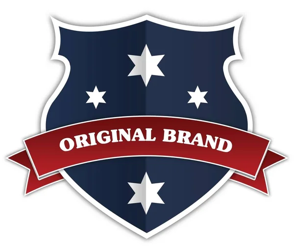 Blaues Schild und rotes Band mit Originaltext der Marke. — Stockfoto