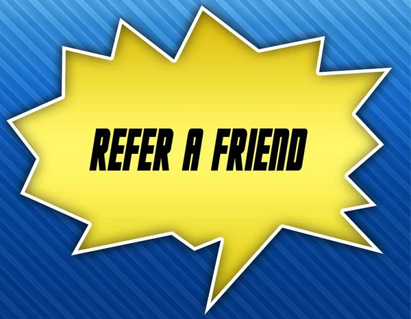 Bright yellow speech bubble with REFER A FRIEND message. Blue striped background. — Stock Photo, Image