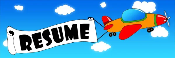 Cartoon aeroplane and banner with RESUME text on a blue sky back — Stock Photo, Image
