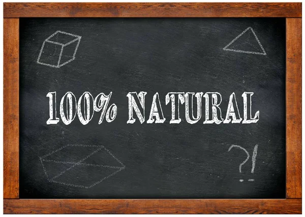 Dřevěný rámeček tabule s 100 % přírodní text napsaný křídou. — Stock fotografie
