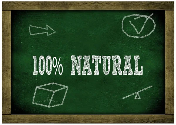 Holzrahmen grüne Kreidetafel mit 100 Prozent natürlicher Botschaft handgeschrieben in Kreide. — Stockfoto