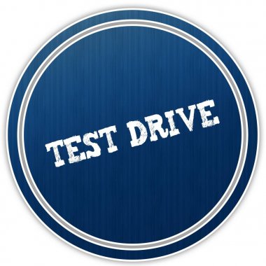 Test sürüşü mavi yuvarlak rozeti metin sıkıntılı.