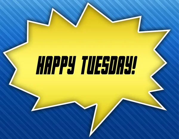 Bright yellow speech bubble with HAPPY TUESDAY   message. Blue striped background. — Stock Photo, Image