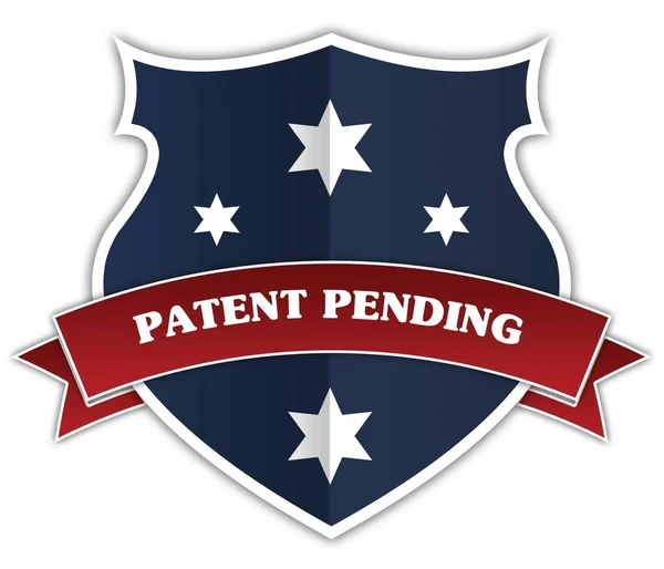Mavi kalkan ve kırmızı kurdele ile Patent bekleyen metin.