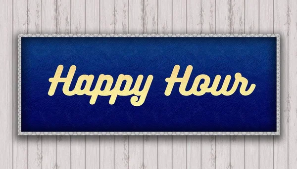 HAPPY HOUR handwritten on blue leather pattern painting hanging — Stock Photo, Image