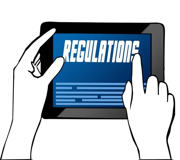 Hand zeigt auf den Verordnungstext auf dem Tablet. Illustration. — Stockfoto