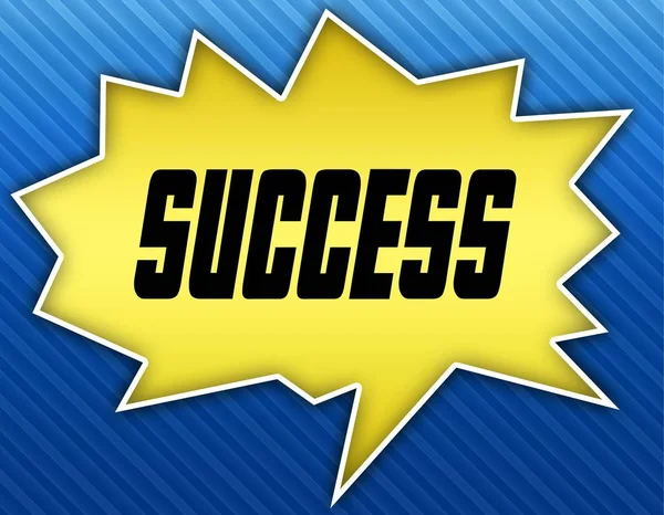 Knallgelbe Sprechblase mit Erfolgsmeldung. blau gestreifter Hintergrund. — Stockfoto