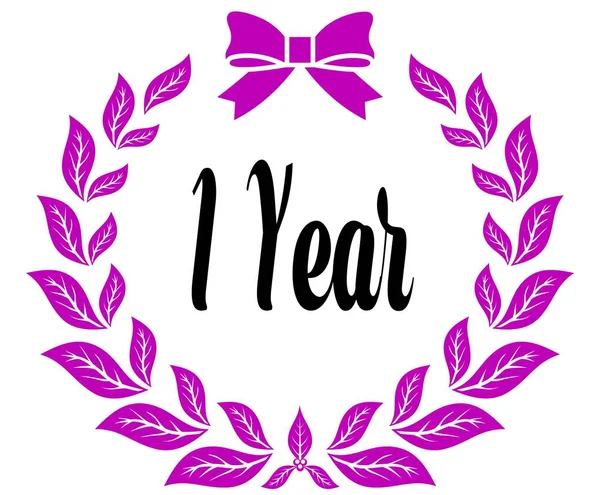 1 YEAR with pink laurels ribbon and bow. — Stock Photo, Image