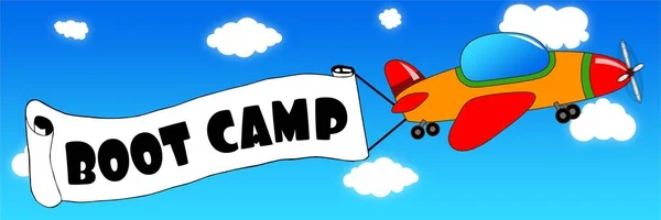 Avión de dibujos animados y pancarta con texto BOOT CAMP en un cielo azul b —  Fotos de Stock