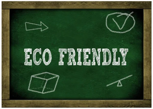 Houten frame groen bord met Eco vriendelijke boodschap handgeschreven met krijt. — Stockfoto