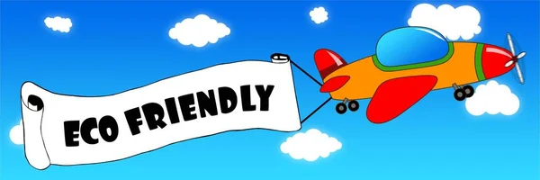 Cartoon flygplan och banner med Eco Friendly text på en blå sk — Stockfoto