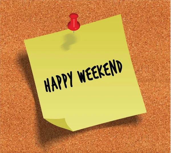Glückliches Wochenende handgeschrieben auf gelbem Klebepapier Notiz über Kork Notizbuch Hintergrund. — Stockfoto