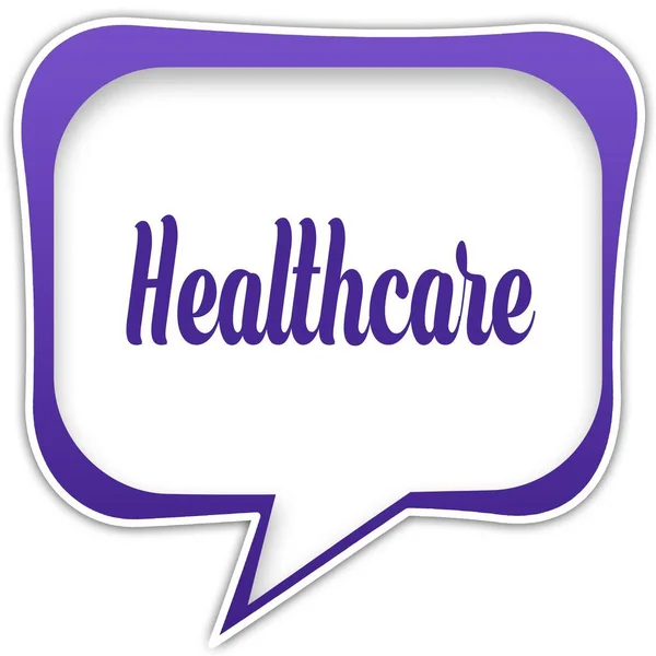 Фіолетова квадратна мовна бульбашка з текстовим повідомленням HEALTHCARE — стокове фото