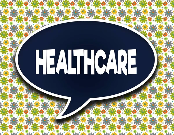 Dark blue word balloon with HEALTHCARE text message. Flowers wallpaper background. — Stock Photo, Image