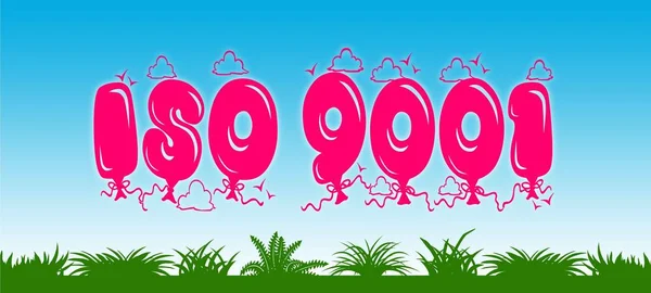 ISO 9001 geschreven met roze ballonnen op blauwe hemel en groen gras achtergrond. — Stockfoto