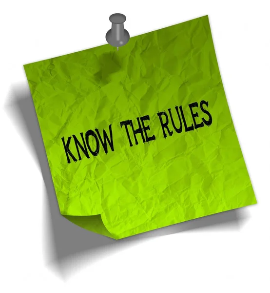 Green note paper with KNOW THE RULES message and push pin illustration. — Stock Photo, Image
