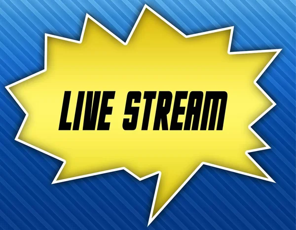 Bright yellow speech bubble with LIVE STREAM message. Blue striped background.