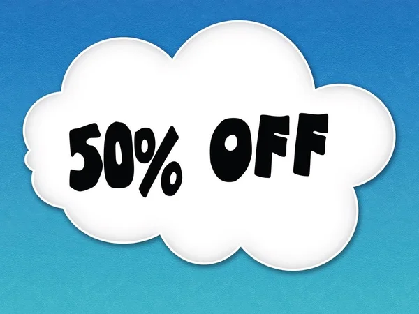 Fehér felhő, 50 százalék kedvezményt üzenetet a kék ég háttér. — Stock Fotó