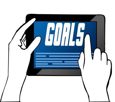 Tablet gol metin yönü gösteren bir el. İllüstrasyon.