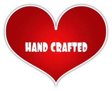 Kırmızı kalp sticker etiket üzerindeki el Crafted.