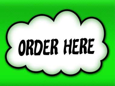 Çizgi roman tarzı bulut sipariş burada yazı üzerinde parlak yeşil backgr ile