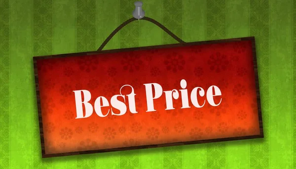 Besten Preis Text auf hängender orangefarbener Tafel. grün gestreifte Tapete — Stockfoto