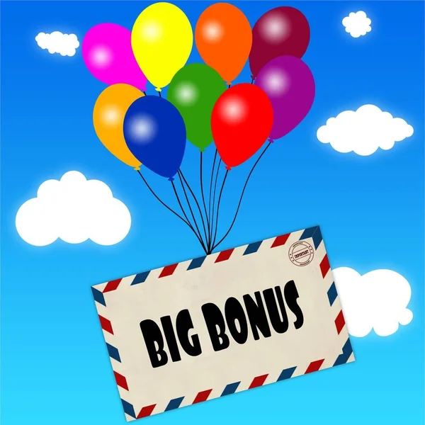Umschlag mit großer Bonusbotschaft an bunten Luftballons auf blauem Himmel und Wolken. — Stockfoto
