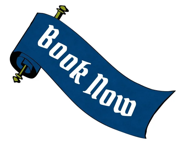 BOOK NOW на синьому папері мультфільм про сувій . — стокове фото