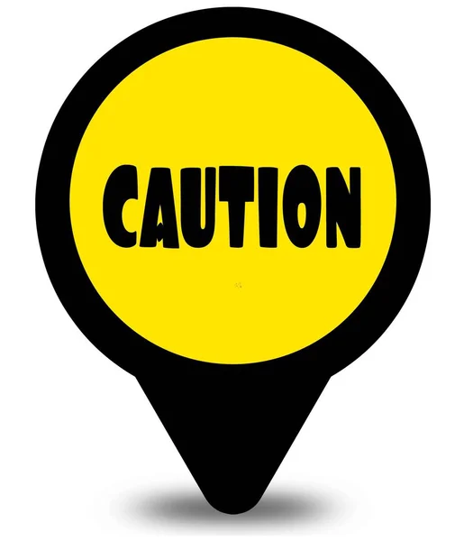 Yellow location pointer design with CAUTION text message — Stock Photo, Image
