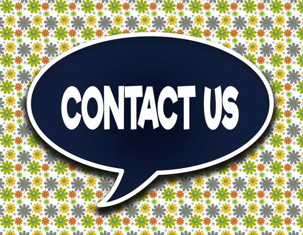 Dark blue word balloon with CONTACT US text message. Flowers wallpaper background.