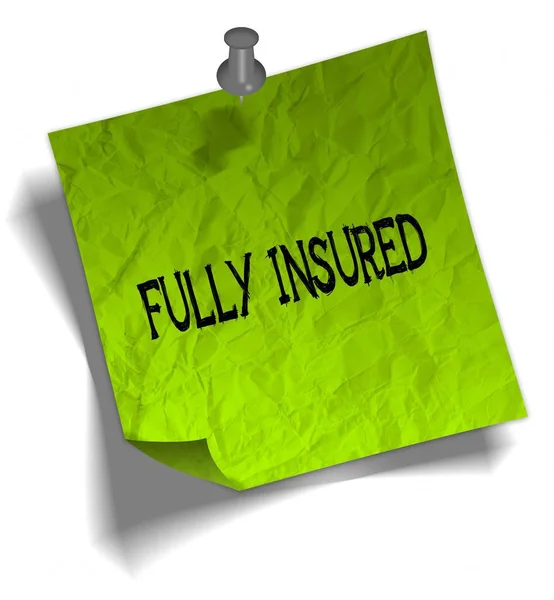 Green note paper with FULLY INSURED message and push pin illustration. — Stock Photo, Image