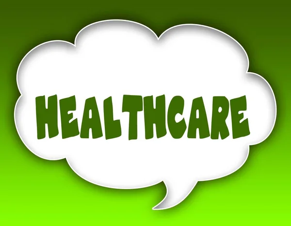 HEALTHCARE message on speech cloud graphic. Green background.