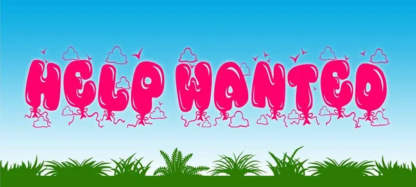 HELP WANTED written with pink balloons on blue sky and green grass background.