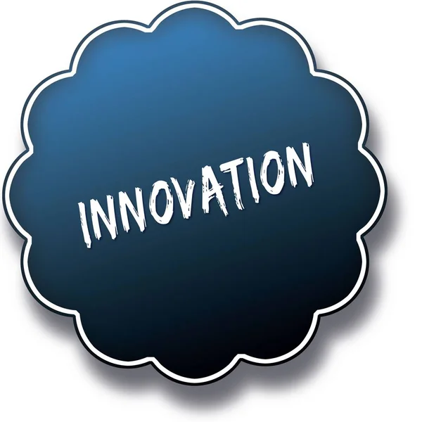 Inovace text napsaný na modré kolo label odznak. — Stock fotografie