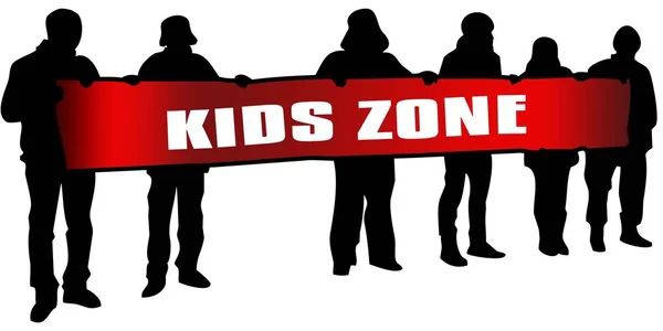 ZONE ENFANTS sur bannière rouge tenue par des silhouettes de personnes au rassemblement . — Photo