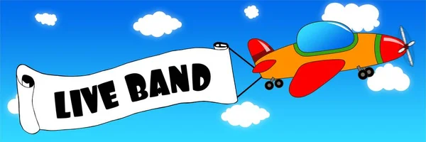 Aereo del fumetto e banner con testo LIVE BAND su un cielo blu b — Foto Stock