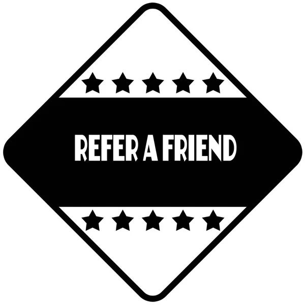 REFER A FRIEND on black diamond shaped sticker label. — Stock Photo, Image
