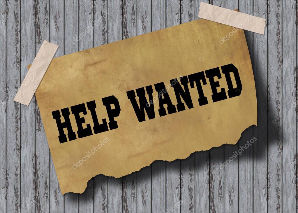 Old brown paper with HELP WANTED text on wooden background. Illustration