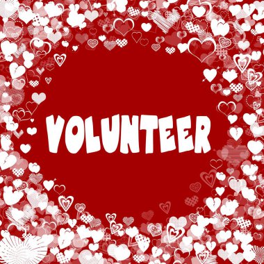 Kırmızı arka plan üzerinde gönüllü metin çerçevesiyle Kalpler.