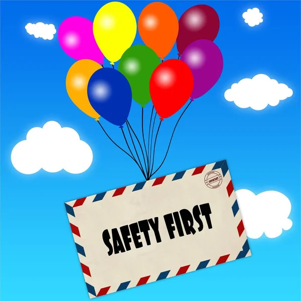 Envelope with SAFETY FIRST message attached to multicoloured balloons on blue sky and clouds background. — Stock Photo, Image