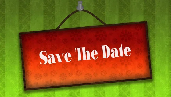 SAVE THE DATE text on hanging orange board. Green striped wallpa — Stock Photo, Image