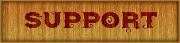 Vintage font text SUPPORT on square wood panel background.