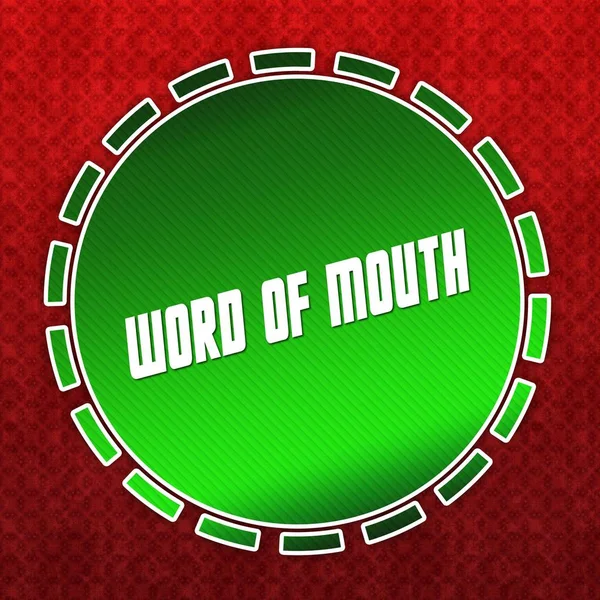 Green WORD OF MOUTH badge on red pattern background.