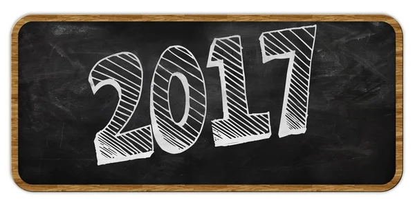 2017 written in chalk on blackboard. Wood frame. — Stock Photo, Image