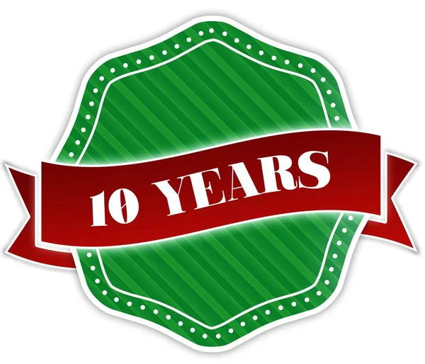 Badge met 10 jaar tekst op rood lint groen. — Stockfoto