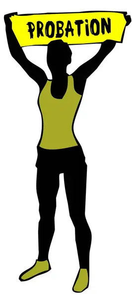 手持黄色横幅标志的运动女性剪影与缓刑案文. — 图库照片