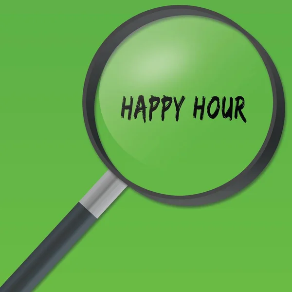 HAPPY HOUR texto sob uma lupa sobre fundo verde . — Fotografia de Stock